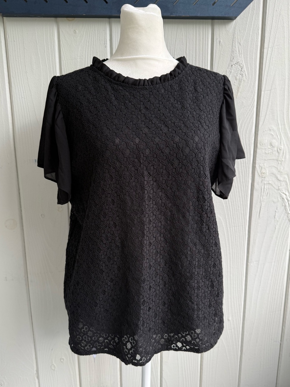 LOFT Black Lace Overlay Flutter Sleeve Blouse